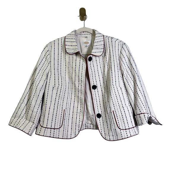 TALBOTS Blazer 16 Piped Textured Jacket Cream W/Black Dash Line Pattern 3 Button - Picture 2 of 15